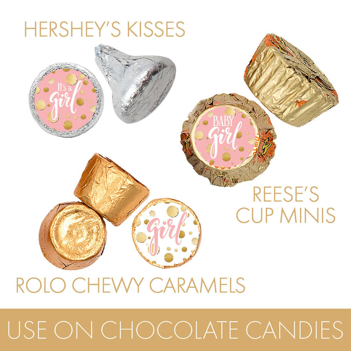 Confeti dorado: rosa - Pegatinas para regalos de baby shower de It's a Girl - Se adapta a Hershey's Kisses - 180 pegatinas