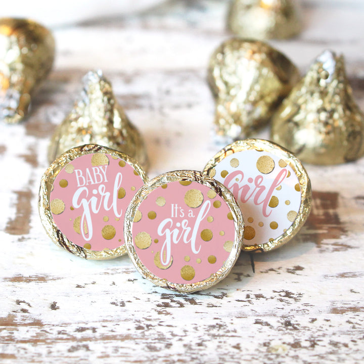 Gold Confetti: Pink - It's a Girl Baby Shower Favor Stickers - Fits on Hershey's Kisses - 180 Stickers