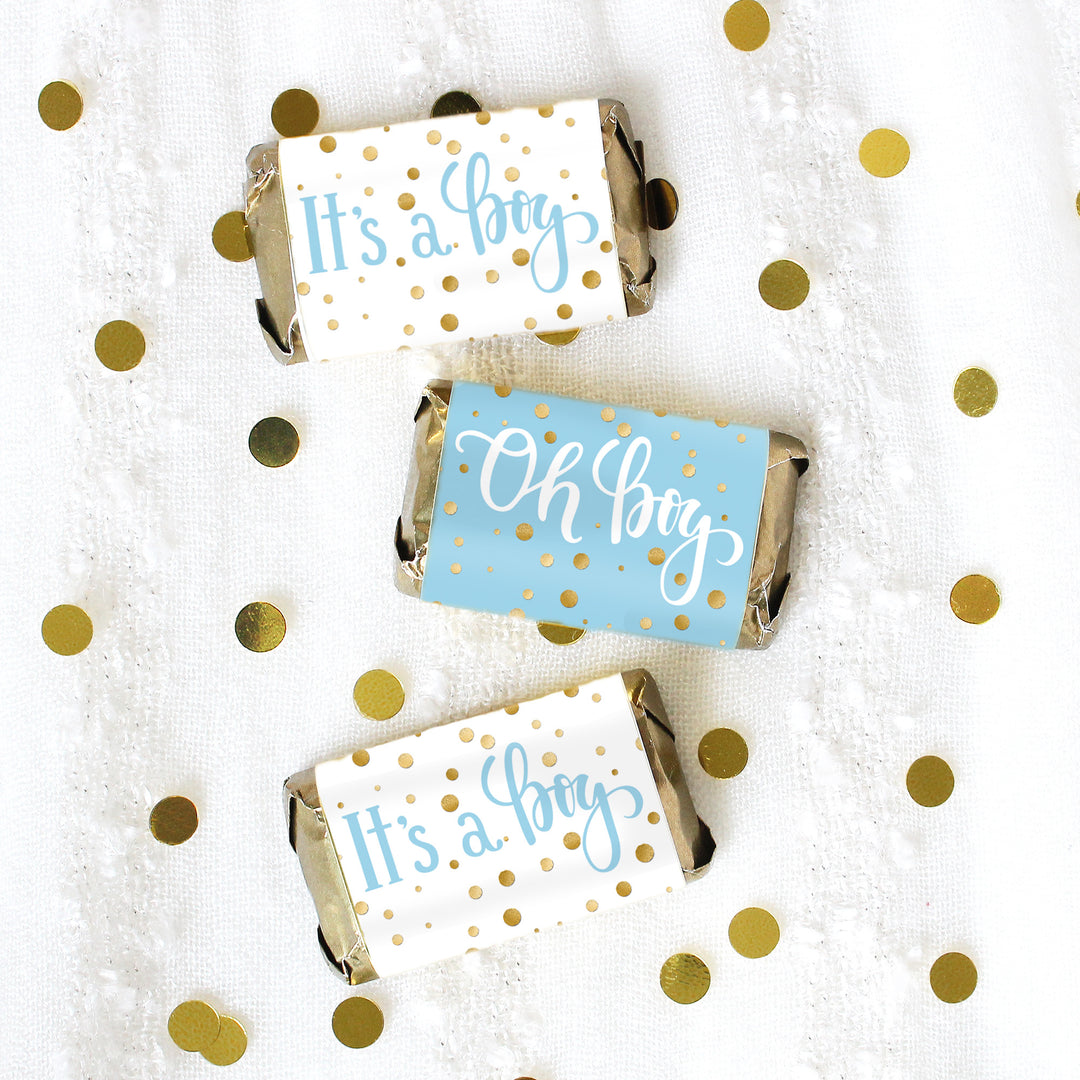 Gold Confetti: Blue -  It's a Boy Baby Shower - Mini Candy Bar Stickers - 45 Stickers