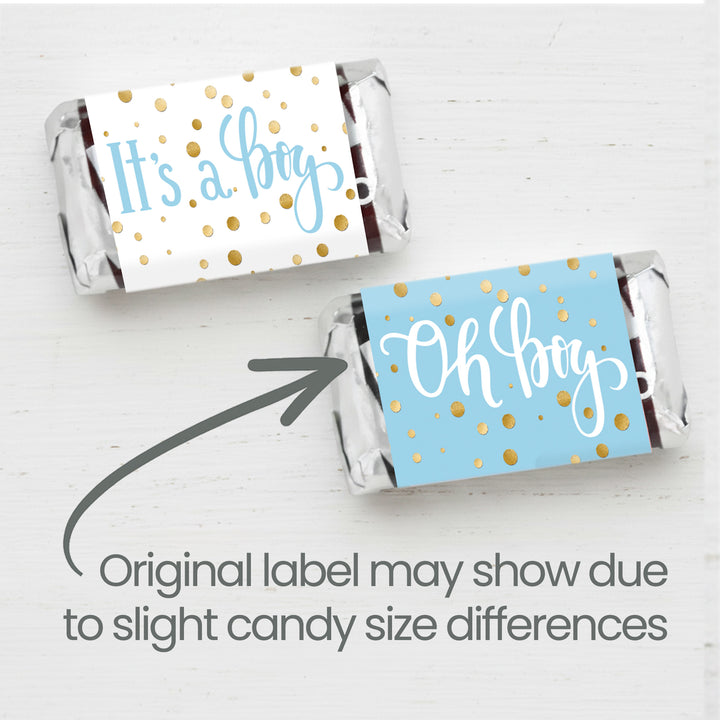Confeti dorado: azul - Es un baby shower para niño - Mini pegatinas para barra de caramelo - 45 pegatinas