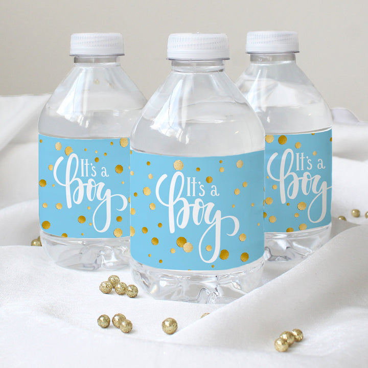 Confeti dorado: azul - Es un baby shower para niño - Etiquetas para botellas de agua - 24 pegatinas