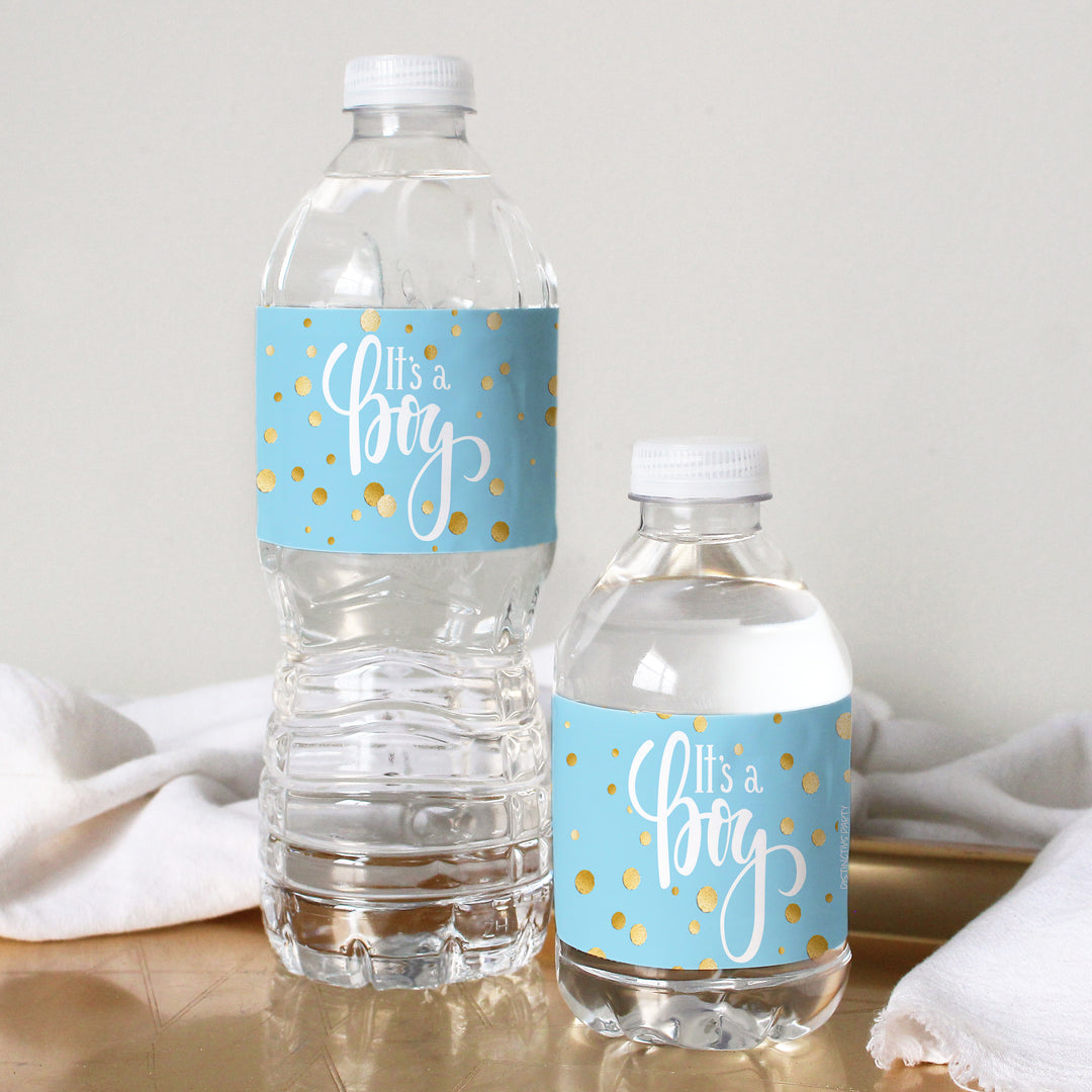 Gold Confetti: Blue - It's a Boy Baby Shower - Water Bottle Labels - 24 Stickers