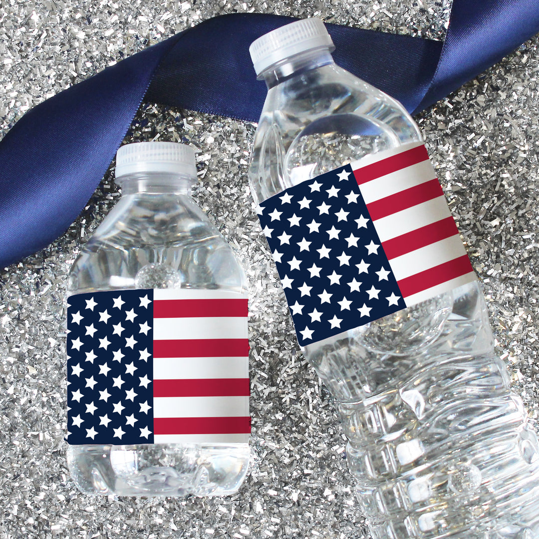 USA Patriotic Party: American Flag Theme - Water Bottle Labels  - 24 Waterproof Stickers