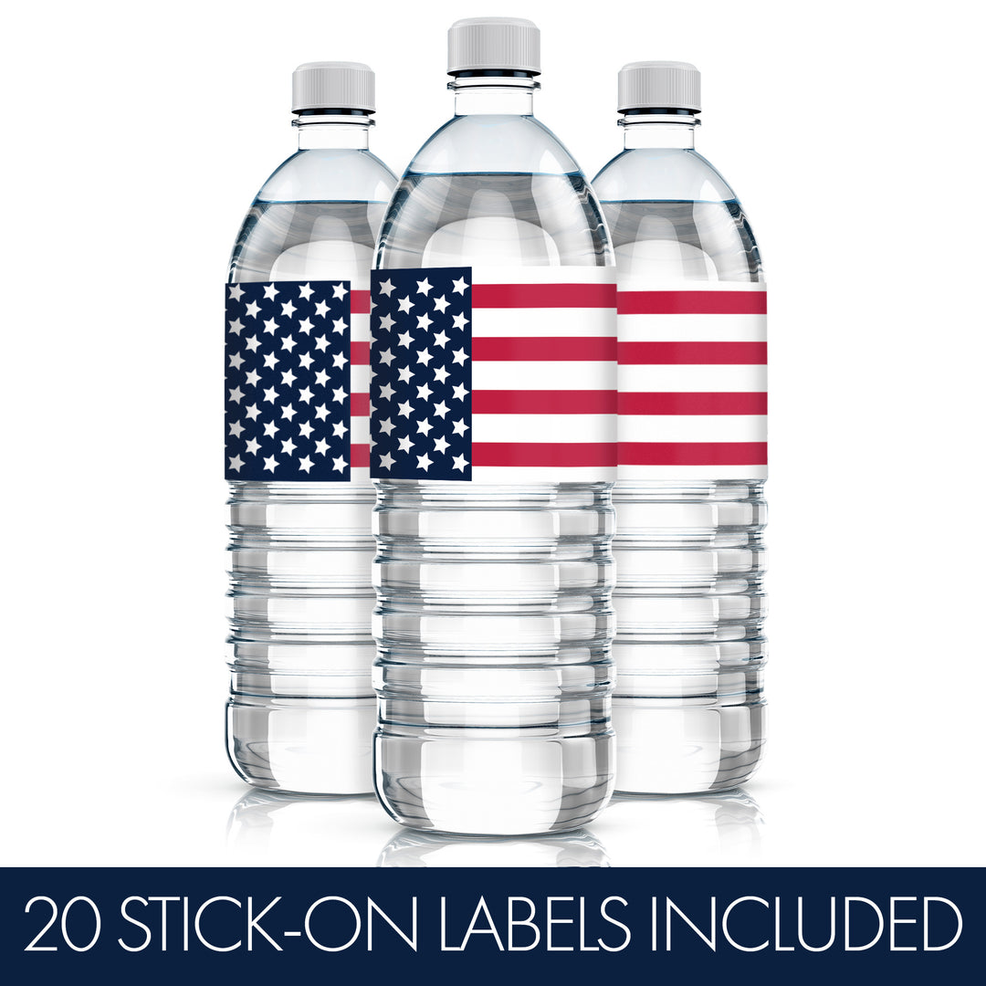 USA Patriotic Party: American Flag Theme - Water Bottle Labels  - 20 Waterproof Stickers