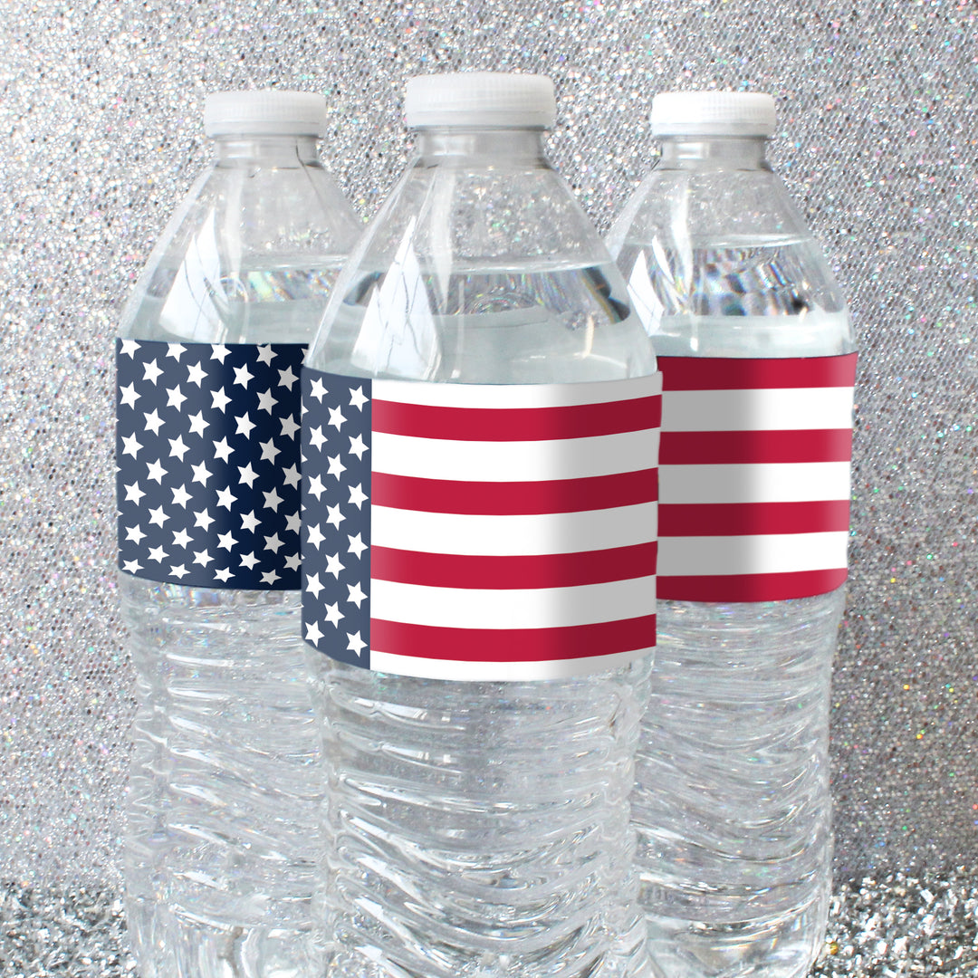 USA Patriotic Party: American Flag Theme - Water Bottle Labels  - 24 Waterproof Stickers