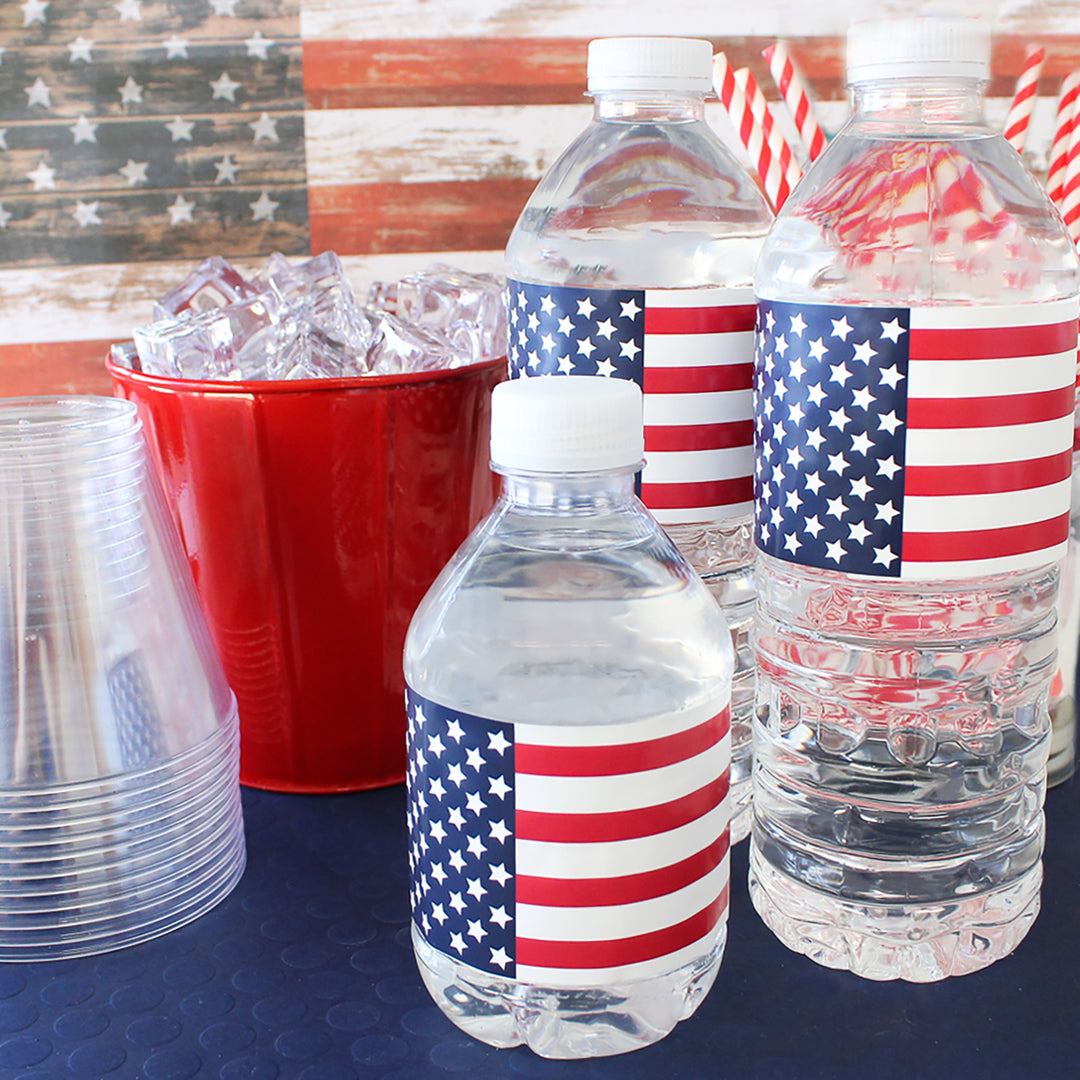 USA Patriotic Party: American Flag Theme - Water Bottle Labels  - 24 Waterproof Stickers