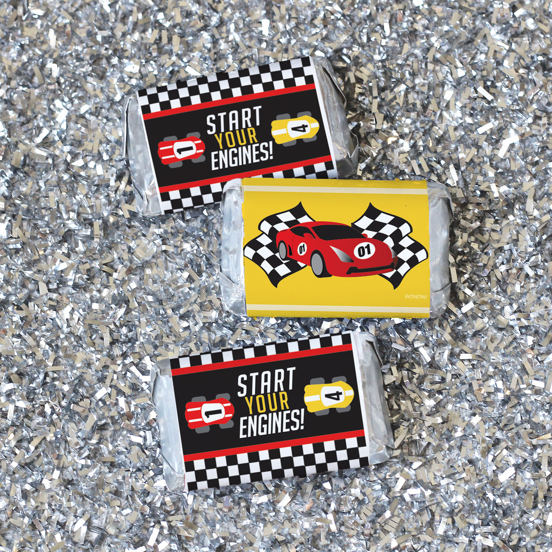 Coche de carreras - Cumpleaños infantil - Pegatinas Hershey's Miniatures Candy Bar Wrappers - 45 pegatinas