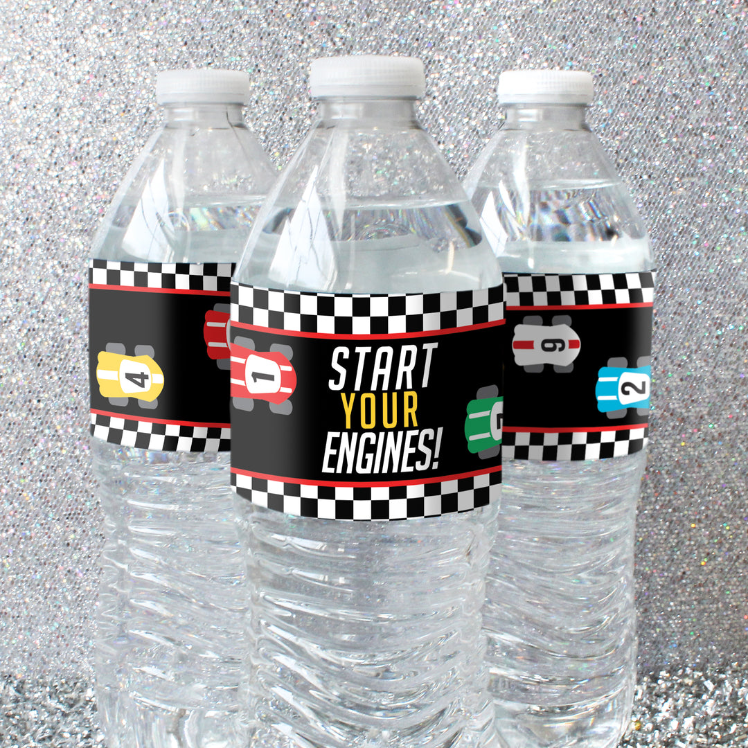 Coche de carreras - Cumpleaños infantil - Etiquetas para botellas de agua - 24 pegatinas impermeables