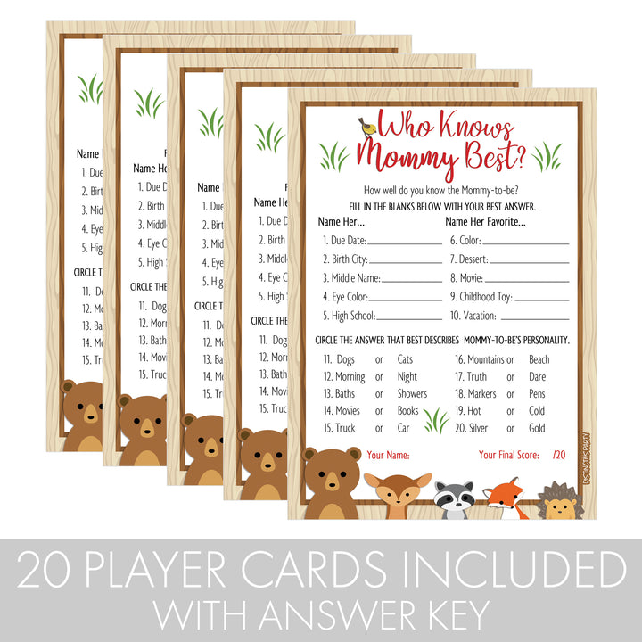 Woodland Baby Shower Game Cards - Who Knows Mommy Best (20 Count)