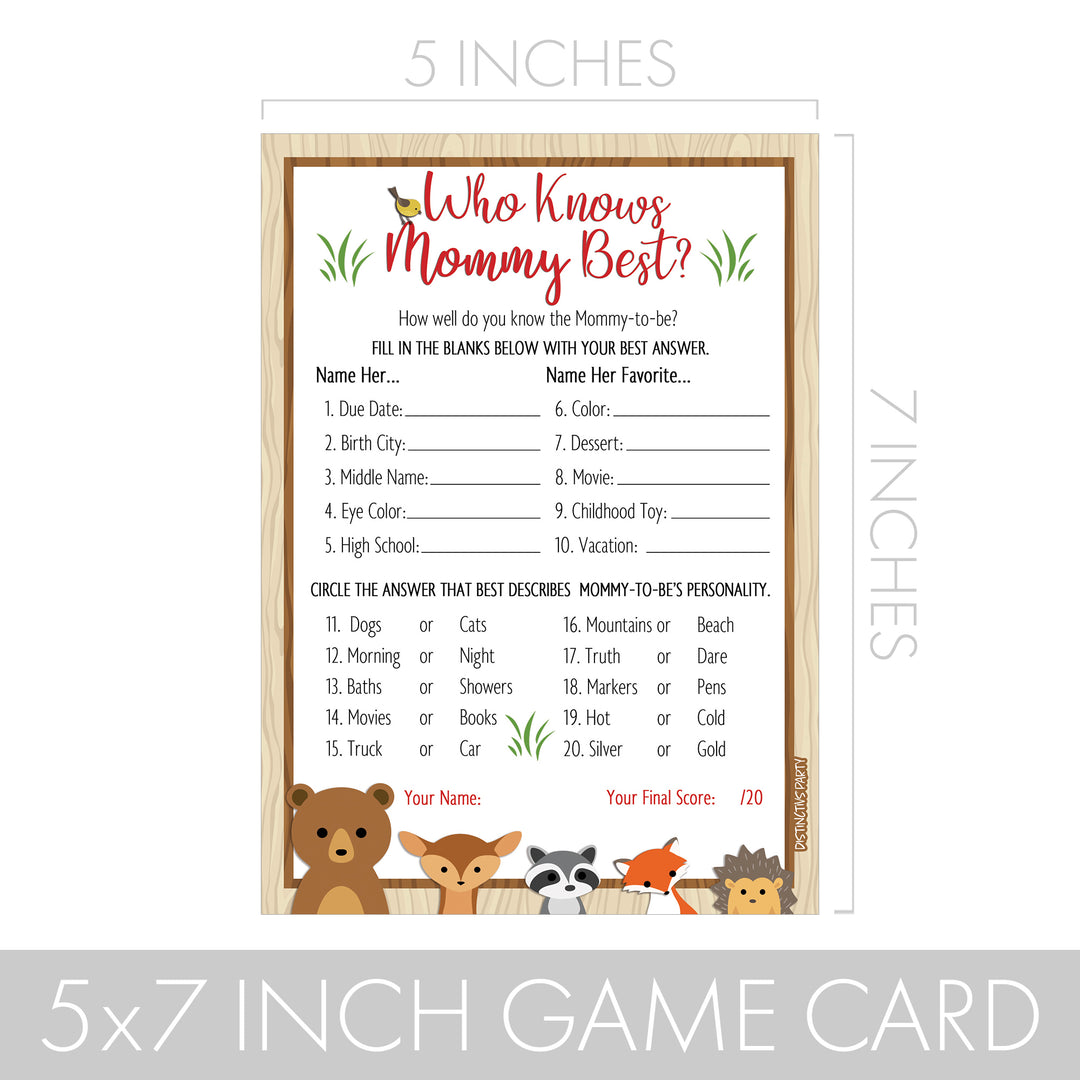 Tarjetas de juego Woodland Baby Shower - Quién conoce mejor a mamá (20 unidades)