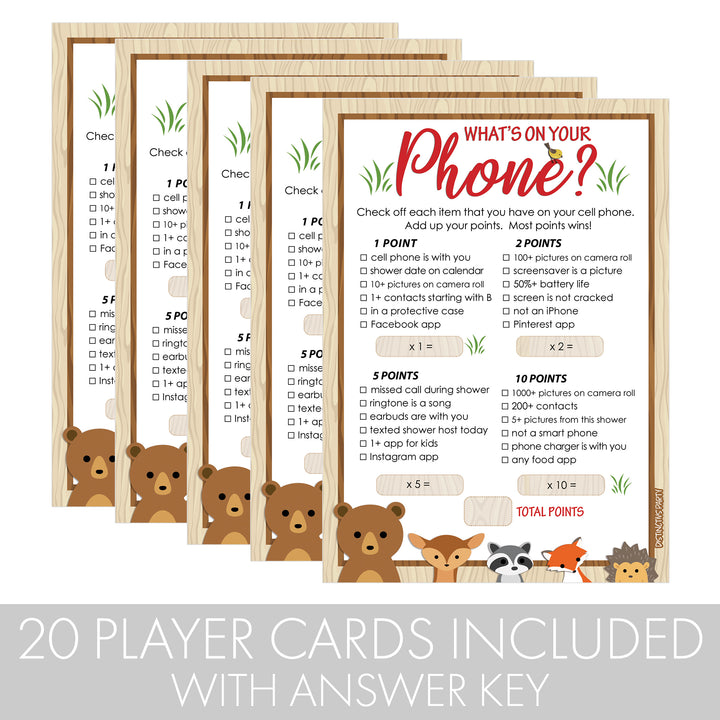 Woodland Baby Shower Game ¿Qué hay en tu teléfono? - 20 tarjetas