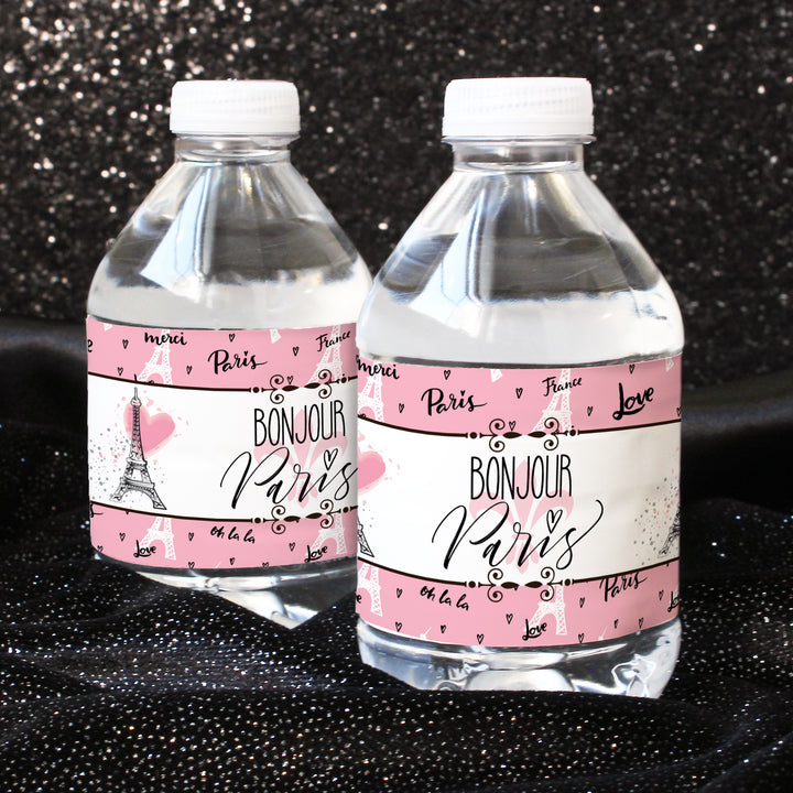 París en rosa: cumpleaños infantil - Etiquetas para botellas de agua - 24 pegatinas impermeables