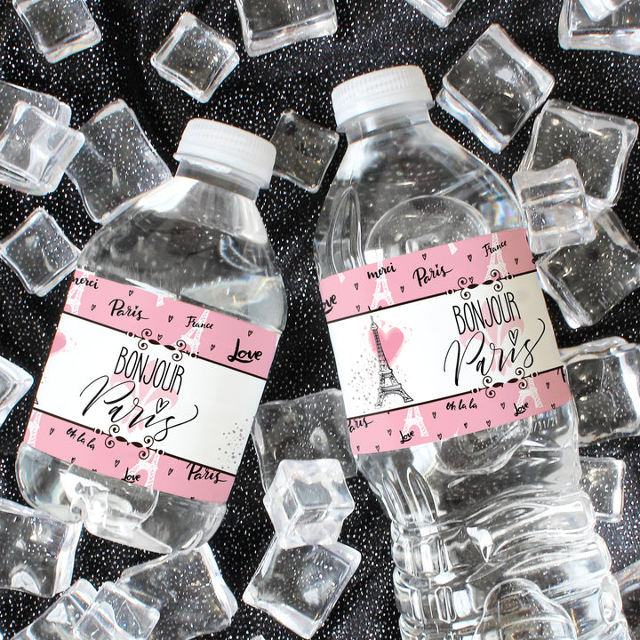 París en rosa: cumpleaños infantil - Etiquetas para botellas de agua - 24 pegatinas impermeables