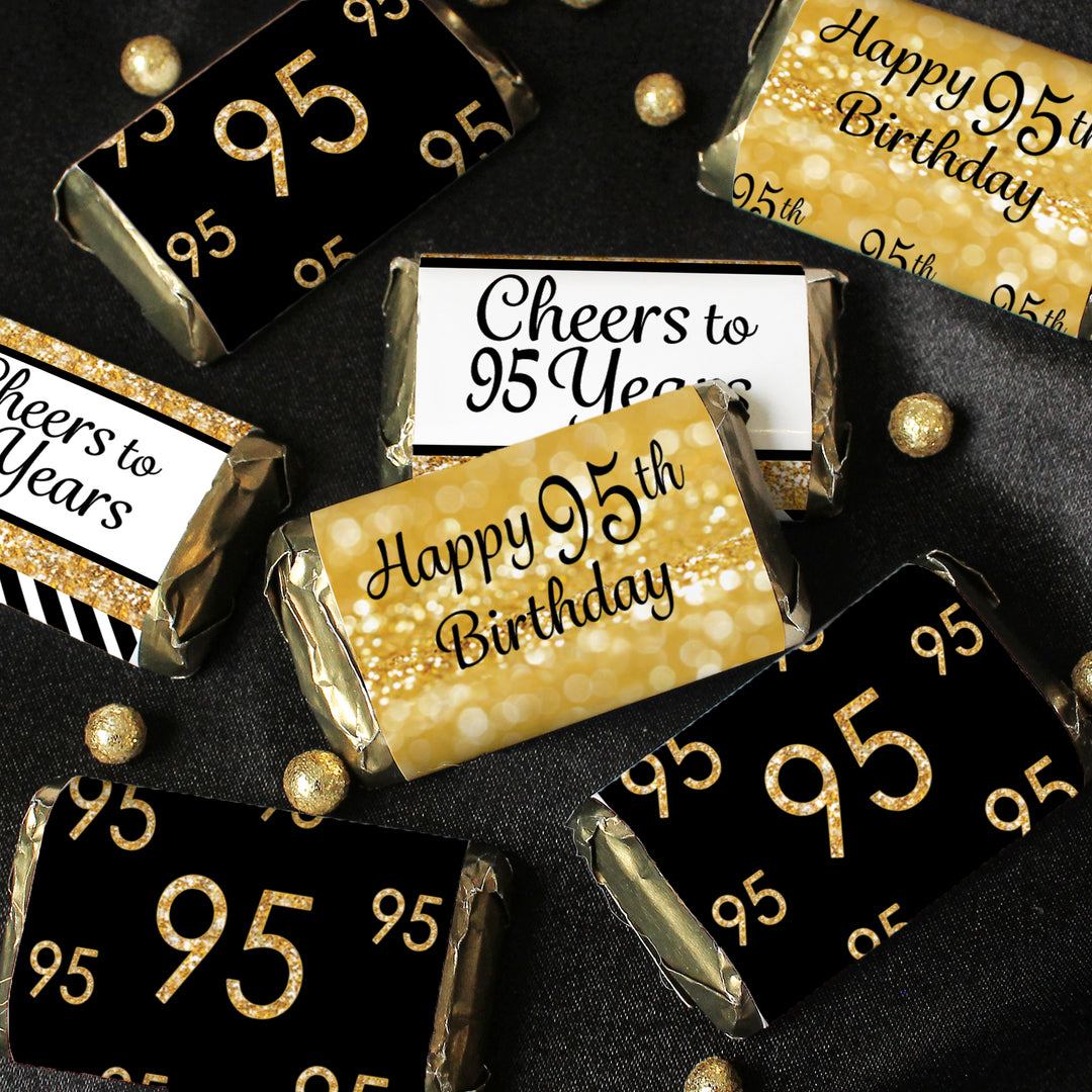 95.º cumpleaños: negro y dorado - Pegatinas para envoltorios de barra de caramelos en miniatura de Hershey's - 45 pegatinas