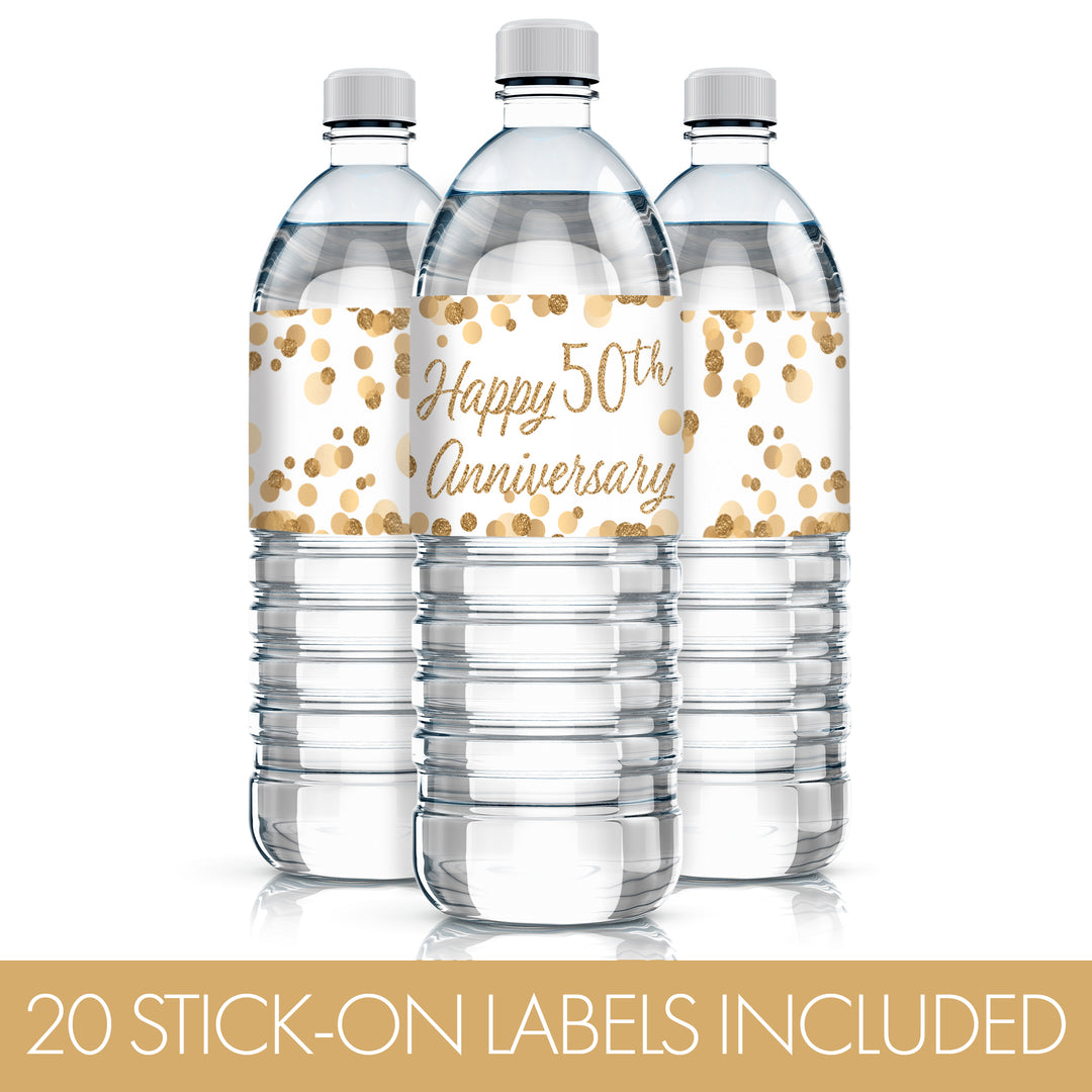 Gold 50th Anniversary: Water Bottle Labels - 20 Waterproof Stickers