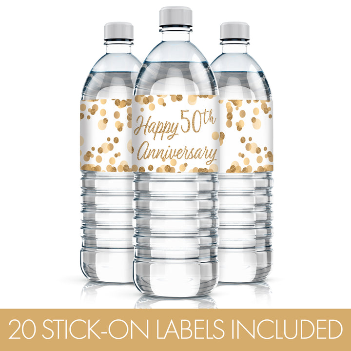 Gold 50th Anniversary: Water Bottle Labels - 20 Waterproof Stickers