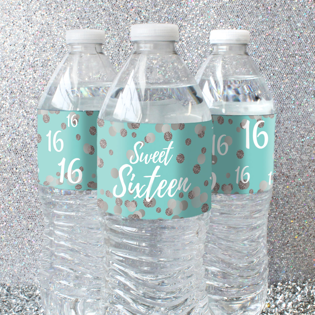 Dulces 16: verde azulado y plateado - Etiquetas para botellas de agua para fiesta de cumpleaños - 24 pegatinas
