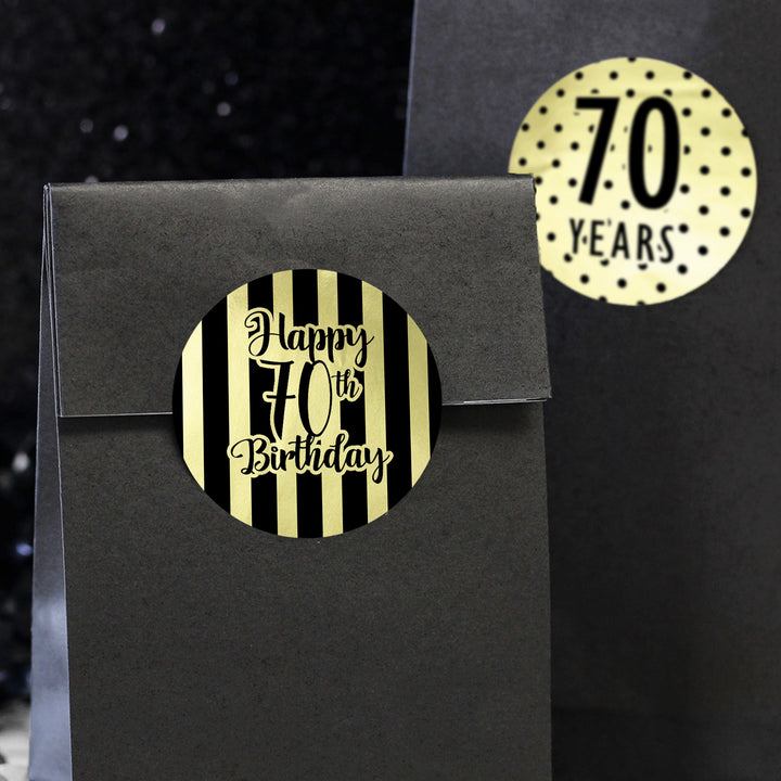 70th Birthday: Black and Gold Shiny Foil - Adult Birthday - Round Favor Stickers - 40 Stickers