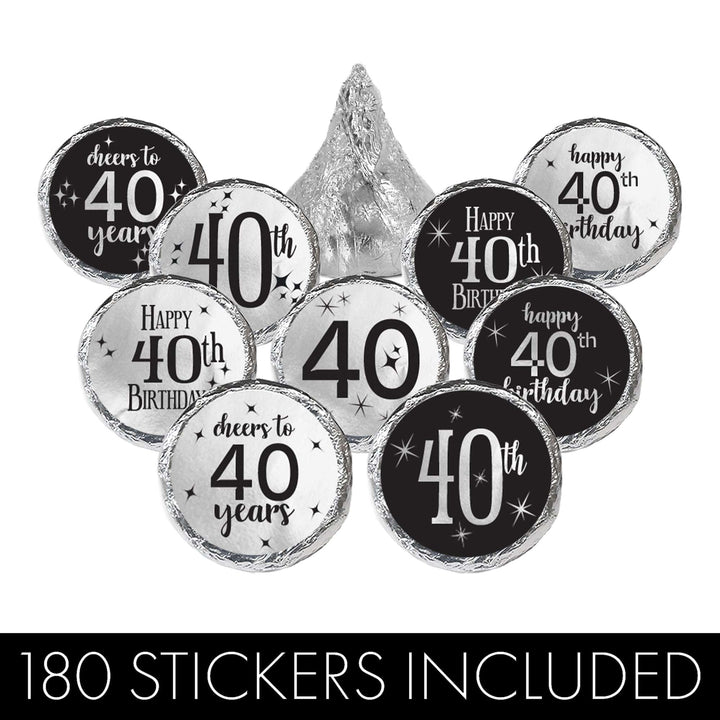 40th Birthday: Black and Silver - Adult Birthday -  Party Favor Stickers - Fits on Hershey's Kisses - 180 Stickers - Distinctivs Party