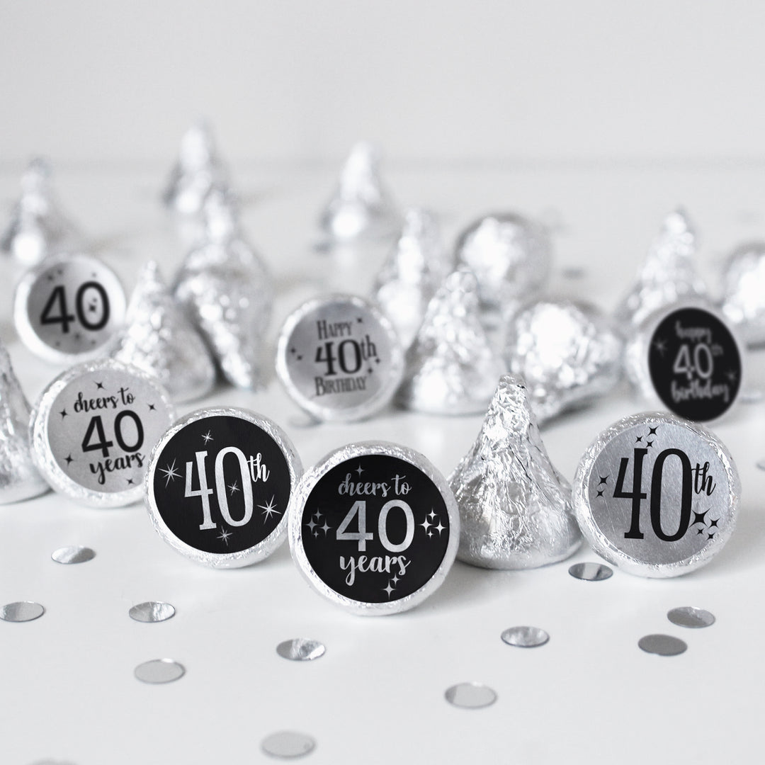40 cumpleaños: negro y plateado - Cumpleaños de adultos - Pegatinas para regalos de fiesta - Se adapta a Hershey's Kisses - 180 pegatinas