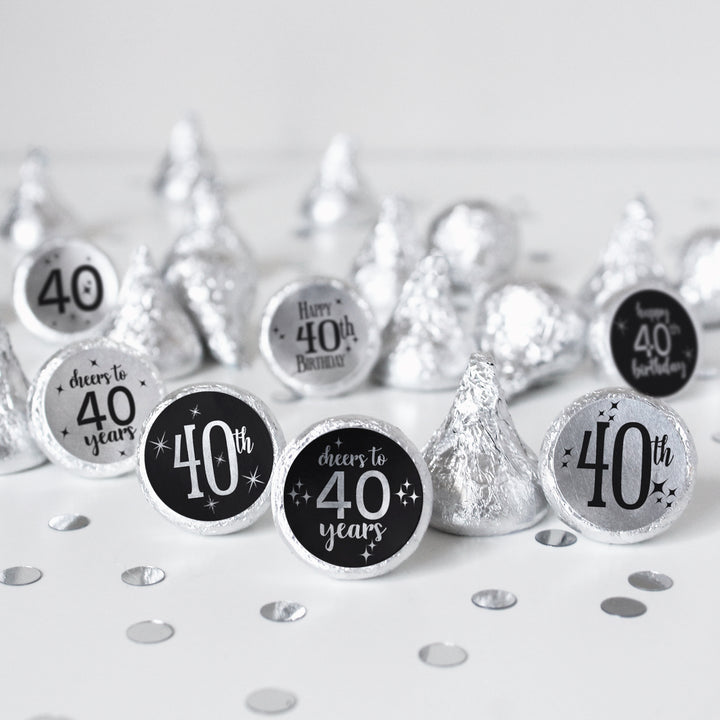 40 cumpleaños: negro y plateado - Cumpleaños de adultos - Pegatinas para regalos de fiesta - Se adapta a Hershey's Kisses - 180 pegatinas