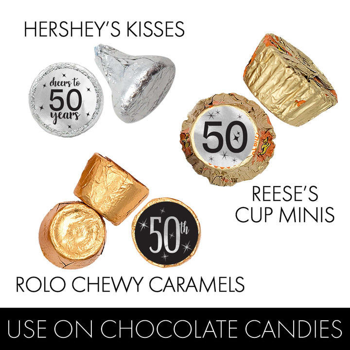 50th Birthday: Black and Silver Foil - Adult Birthday -  Party Favor Stickers - Fits on Hershey's Kisses - 180 Stickers - Distinctivs Party