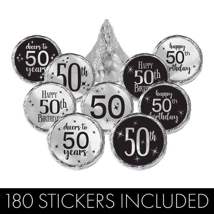 50th Birthday: Black and Silver Foil - Adult Birthday -  Party Favor Stickers - Fits on Hershey's Kisses - 180 Stickers - Distinctivs Party