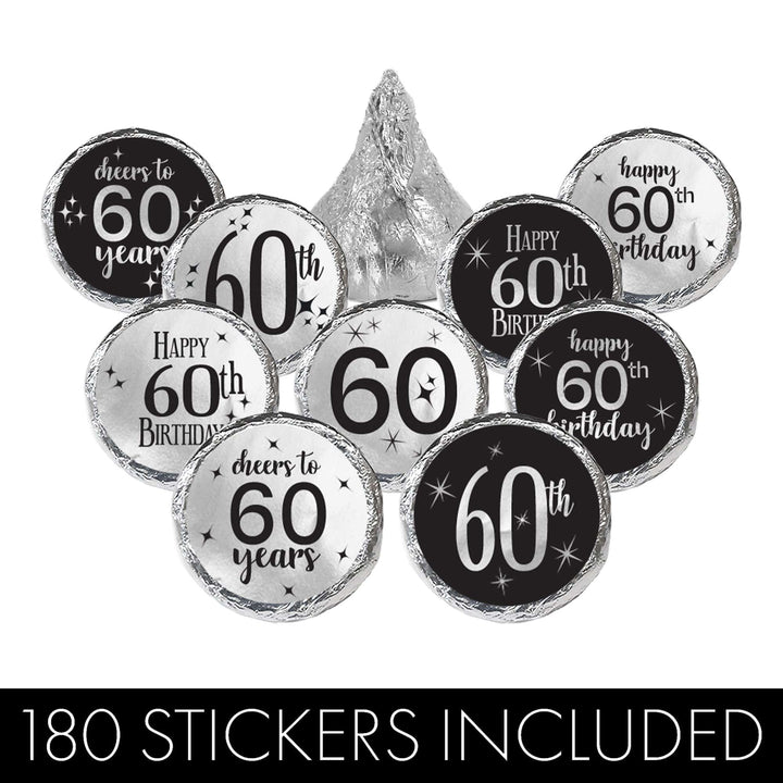 60th Birthday: Black and Silver - Adult Birthday -  Party Favor Stickers - Fits on Hershey's Kisses - 180 Stickers - Distinctivs Party