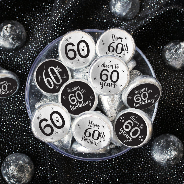 60.º cumpleaños: negro y plateado - Cumpleaños de adultos - Pegatinas para regalos de fiesta - Se adapta a Hershey's Kisses - 180 pegatinas