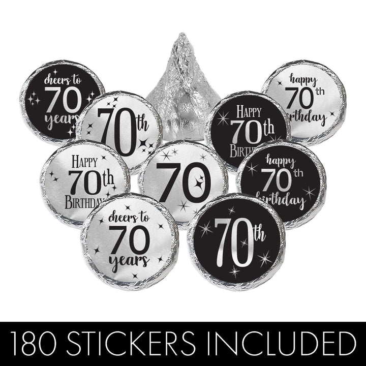 70th Birthday: Black and Silver Shiny Foil - Adult Birthday -  Party Favor Stickers - Fits on Hershey's Kisses - 180 Stickers - Distinctivs Party