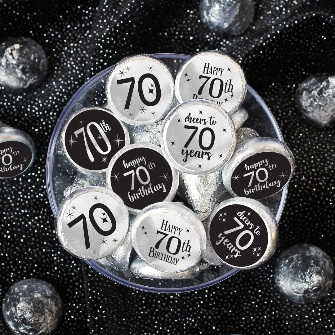 70.º cumpleaños: lámina brillante negra y plateada - Cumpleaños para adultos - Pegatinas para regalos de fiesta - Se adapta a Hershey's Kisses - 180 pegatinas