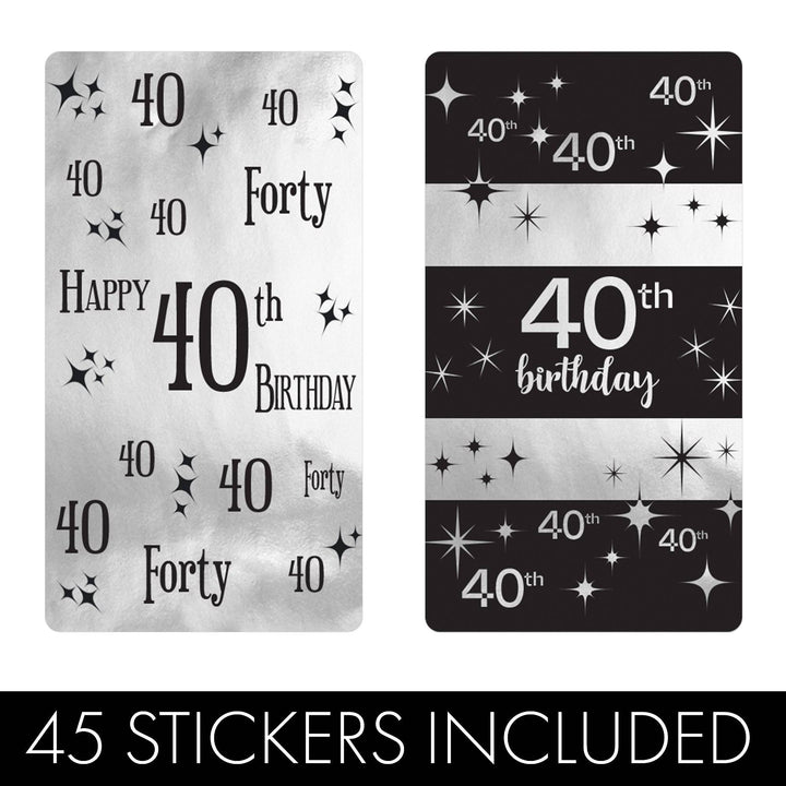 40th Birthday: Black and Silver - Adult Birthday - Hershey's Miniatures Candy Bar Wrappers Stickers - 45 Stickers - Distinctivs Party