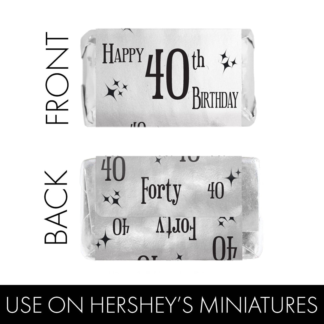 40th Birthday: Black and Silver - Adult Birthday - Hershey's Miniatures Candy Bar Wrappers Stickers - 45 Stickers - Distinctivs Party