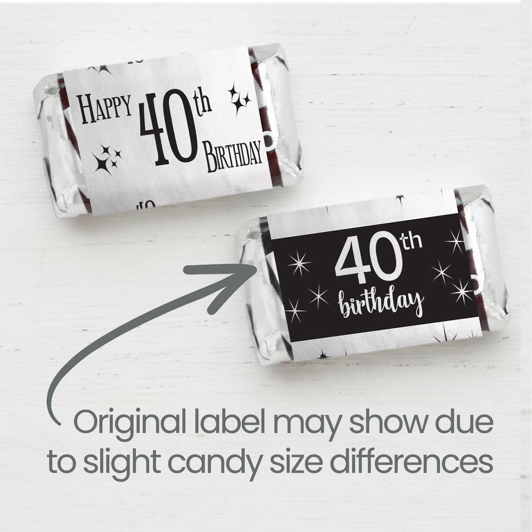 40th Birthday: Black and Silver - Adult Birthday - Hershey's Miniatures Candy Bar Wrappers Stickers - 42 Stickers