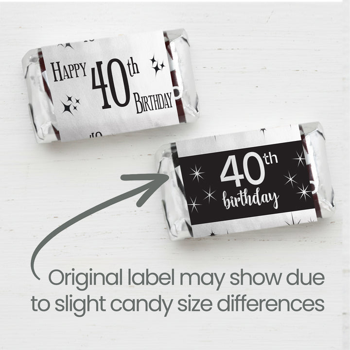 40th Birthday: Black and Silver - Adult Birthday - Hershey's Miniatures Candy Bar Wrappers Stickers - 42 Stickers