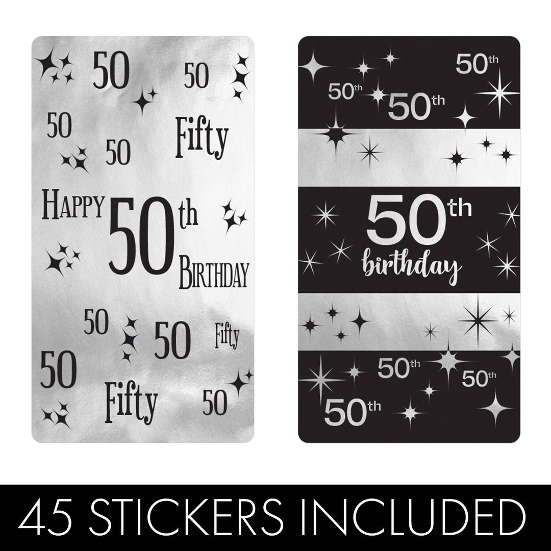 50th Birthday: Black and Silver Foil - Adult Birthday -   Hershey's Miniatures Candy Bar Wrappers Stickers - 45 Stickers - Distinctivs Party