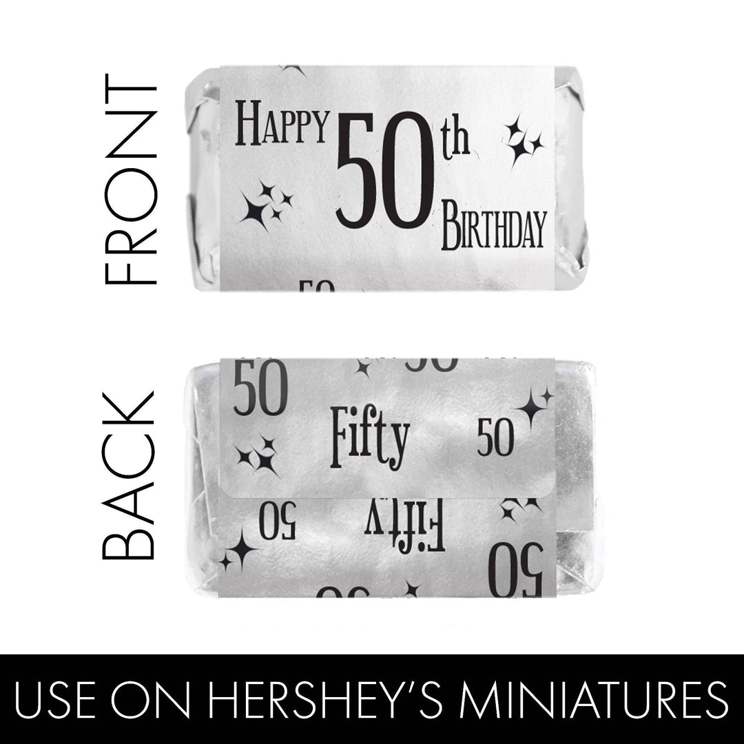 50th Birthday: Black and Silver Foil - Adult Birthday -   Hershey's Miniatures Candy Bar Wrappers Stickers - 45 Stickers - Distinctivs Party