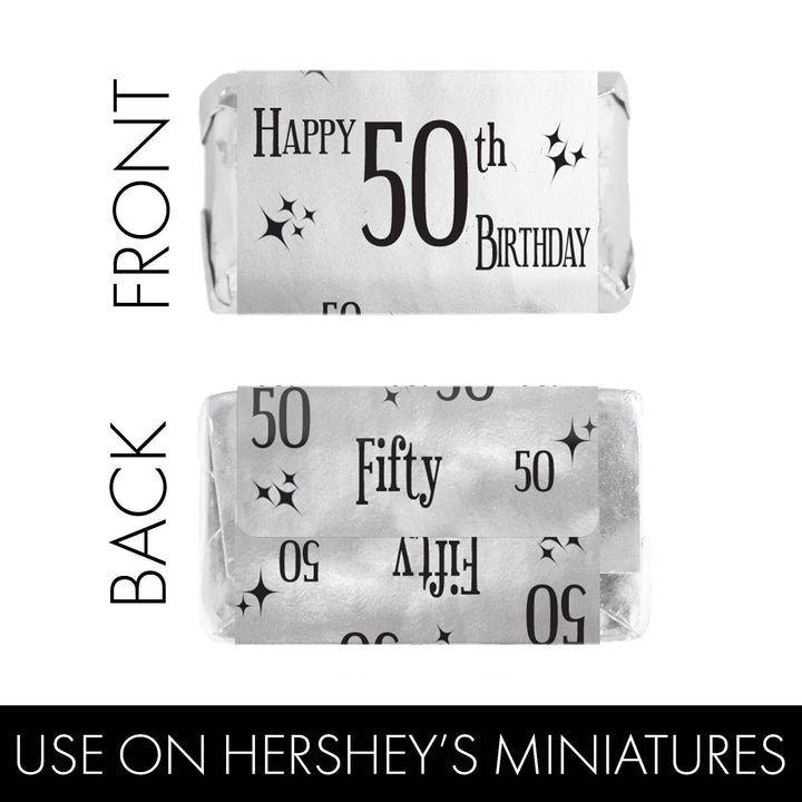 50th Birthday: Black and Silver Foil - Adult Birthday -   Hershey's Miniatures Candy Bar Wrappers Stickers - 45 Stickers - Distinctivs Party