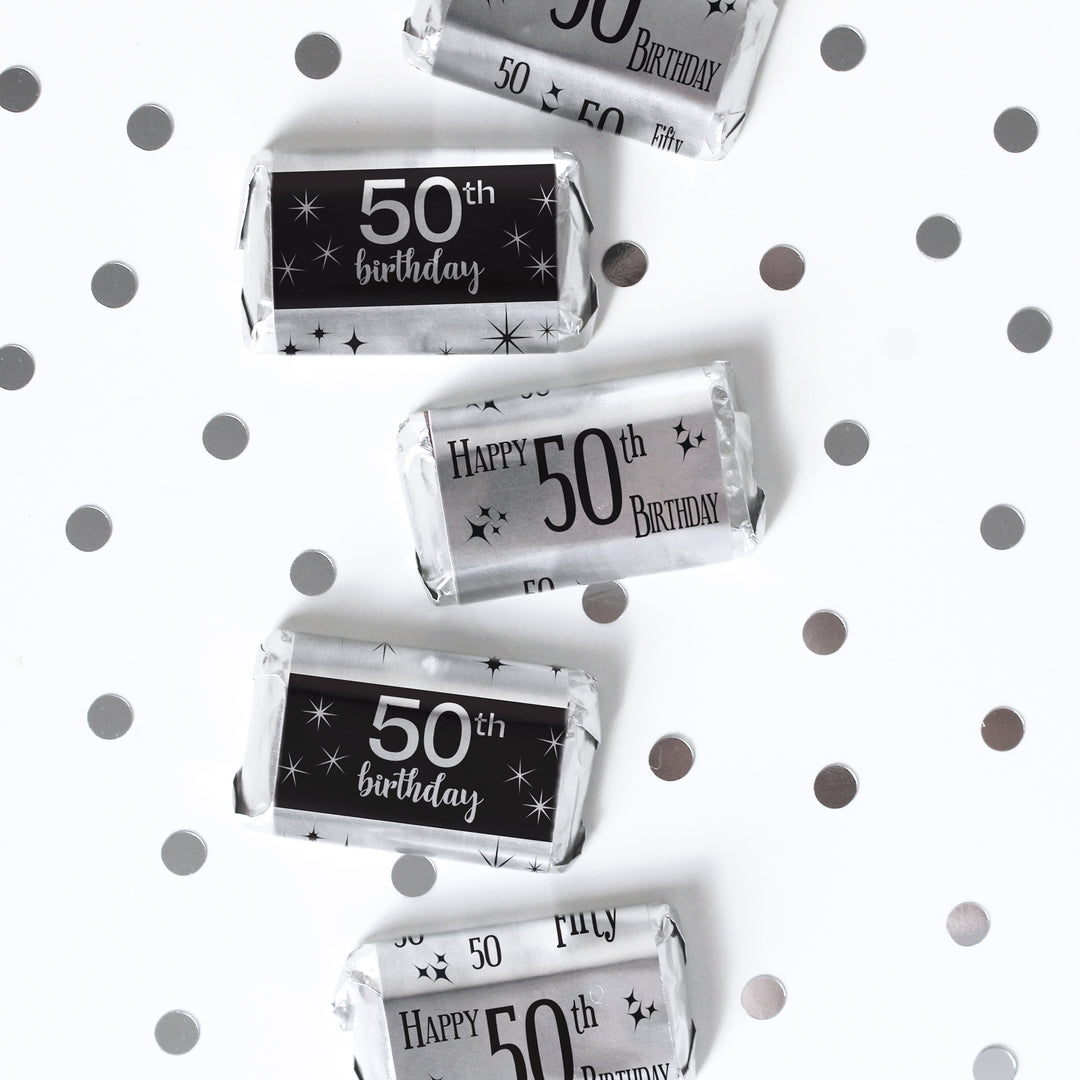 50.º cumpleaños: lámina negra y plateada - Cumpleaños de adultos - Hershey's Miniatures Candy Bar Wrappers Stickers - 45 pegatinas