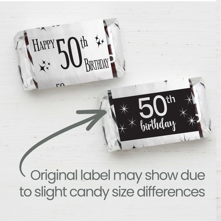 50th Birthday: Black and Silver Foil - Adult Birthday -   Hershey's Miniatures Candy Bar Wrappers Stickers - 42 Stickers