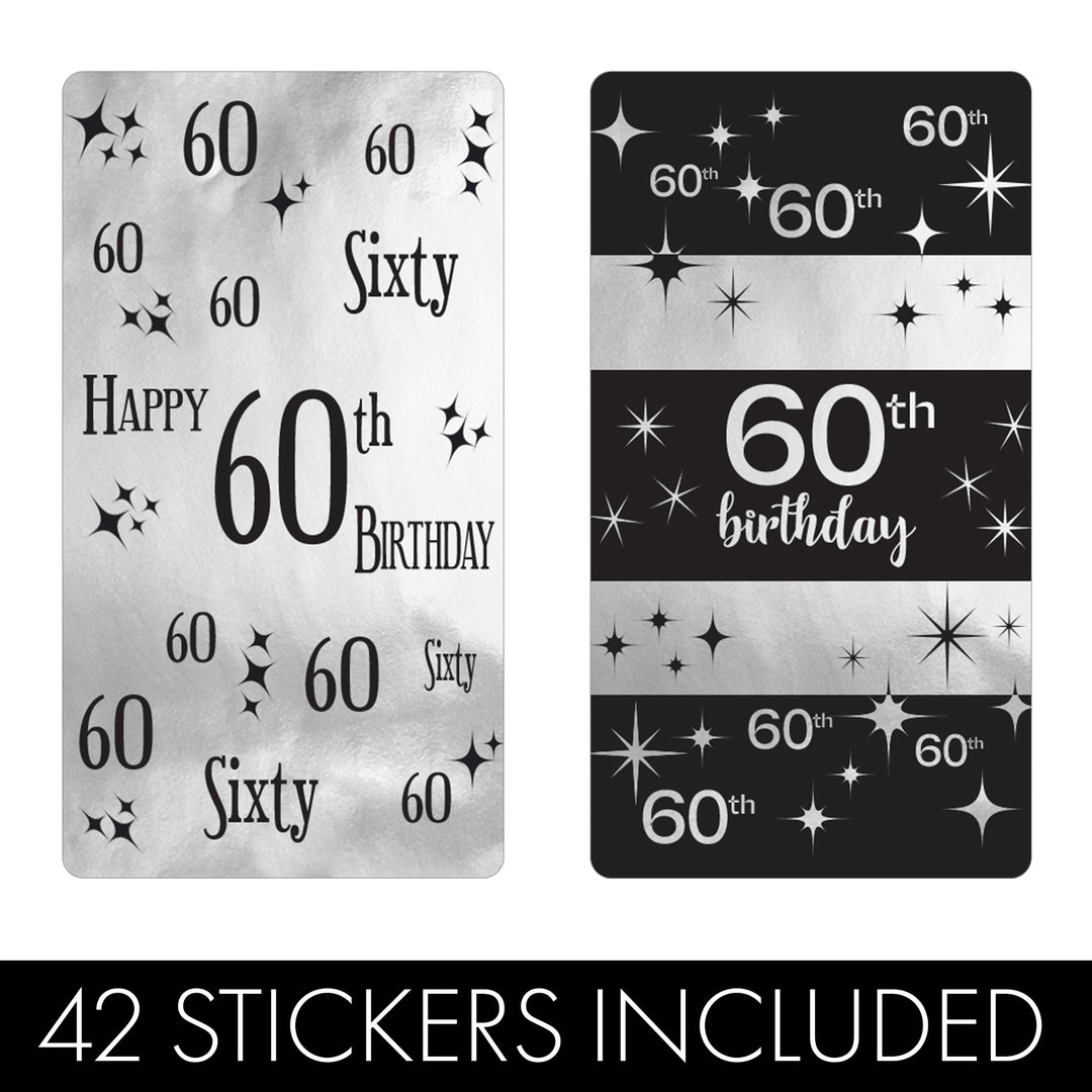60.º cumpleaños: negro y plateado - Cumpleaños de adultos - Hershey's Miniatures Candy Bar Wrappers Stickers - 45 pegatinas