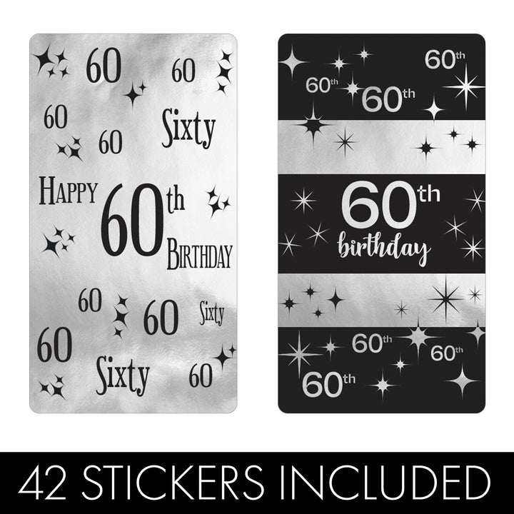 60.º cumpleaños: negro y plateado - Cumpleaños de adultos - Hershey's Miniatures Candy Bar Wrappers Stickers - 45 pegatinas
