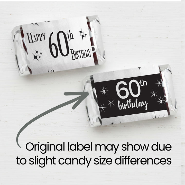 60.º cumpleaños: negro y plateado - Cumpleaños de adultos - Hershey's Miniatures Candy Bar Wrappers Stickers - 45 pegatinas