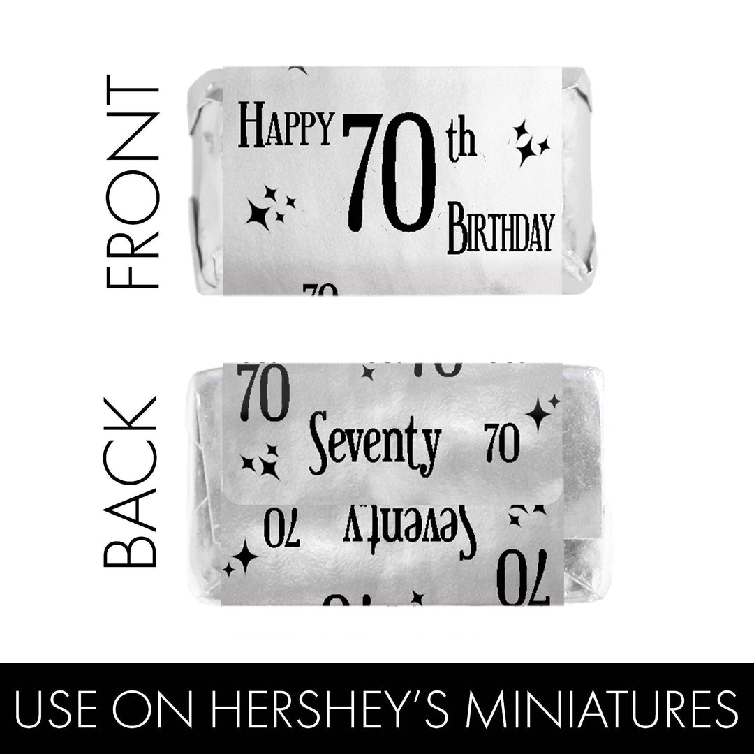 70th Birthday: Black and Silver Shiny Foil - Adult Birthday -  Hershey's Miniatures Candy Bar Wrappers Stickers - 45 Stickers - Distinctivs Party