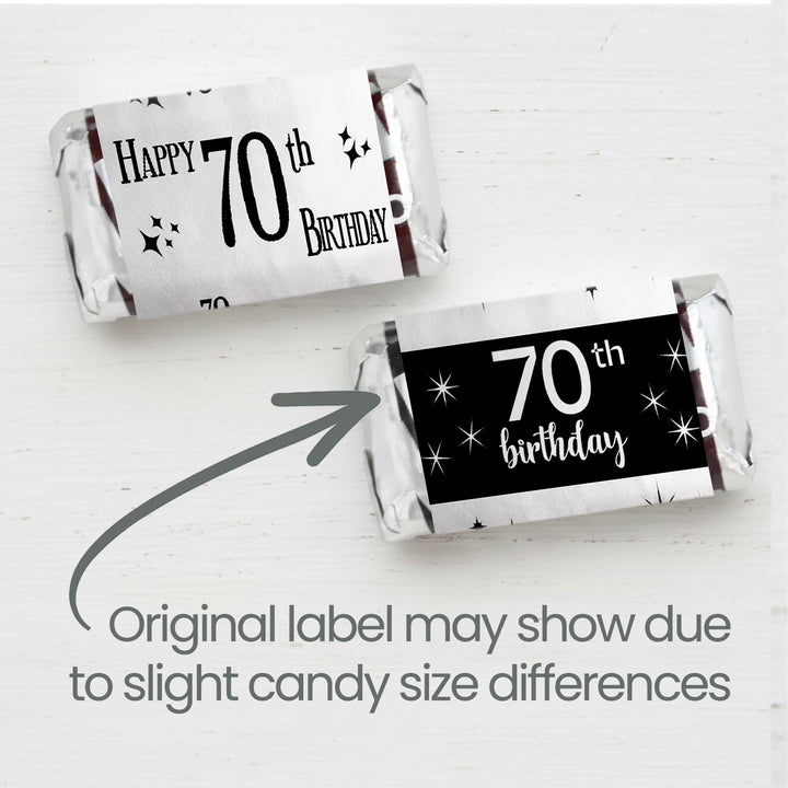 70th Birthday: Black and Silver Shiny Foil - Adult Birthday -  Hershey's Miniatures Candy Bar Wrappers Stickers - 42 Stickers