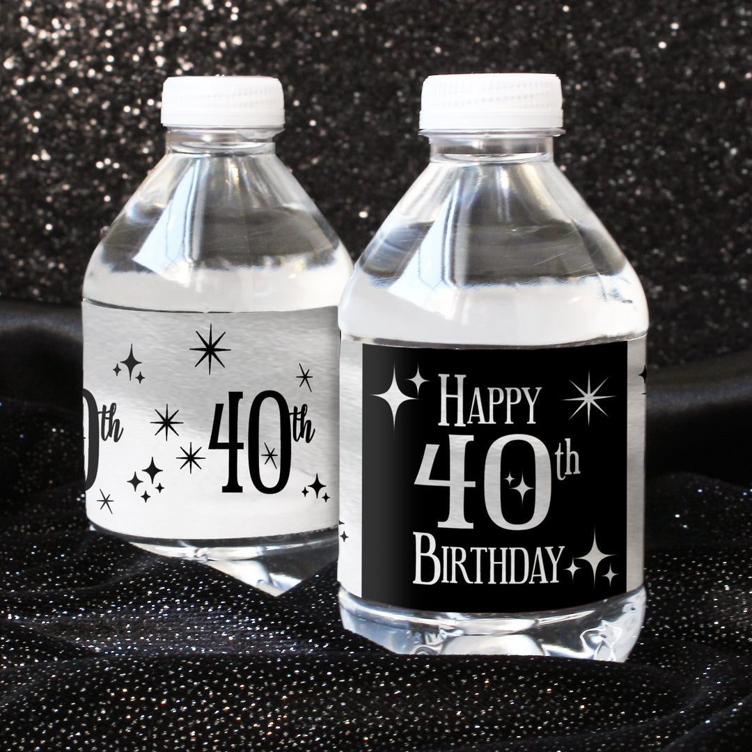 40th Birthday: Black and Silver - Adult Birthday - Water Bottle Label Stickers - 24 Waterproof Stickers