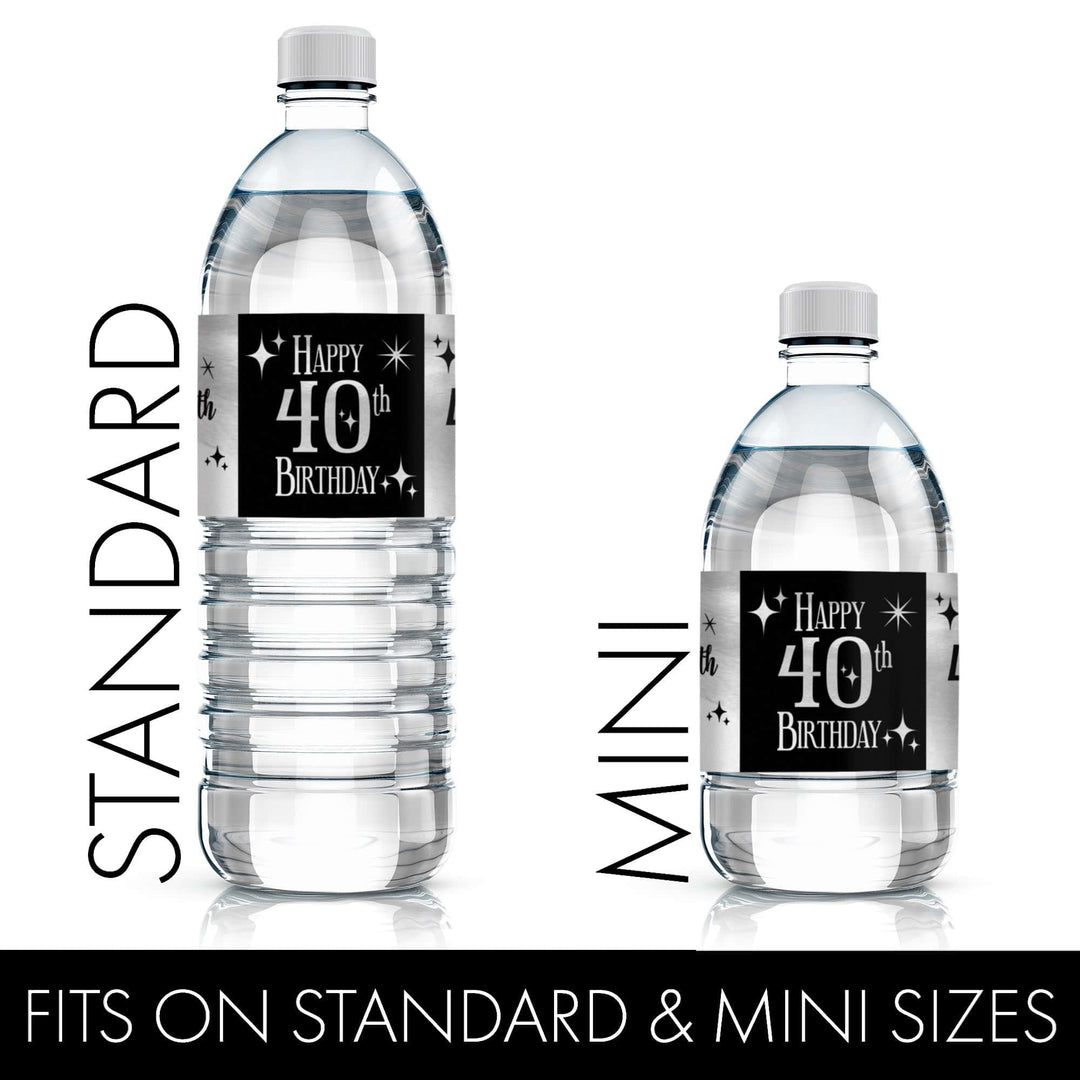 40th Birthday: Black and Silver - Adult Birthday - Water Bottle Label Stickers - 24 Waterproof Stickers - Distinctivs Party