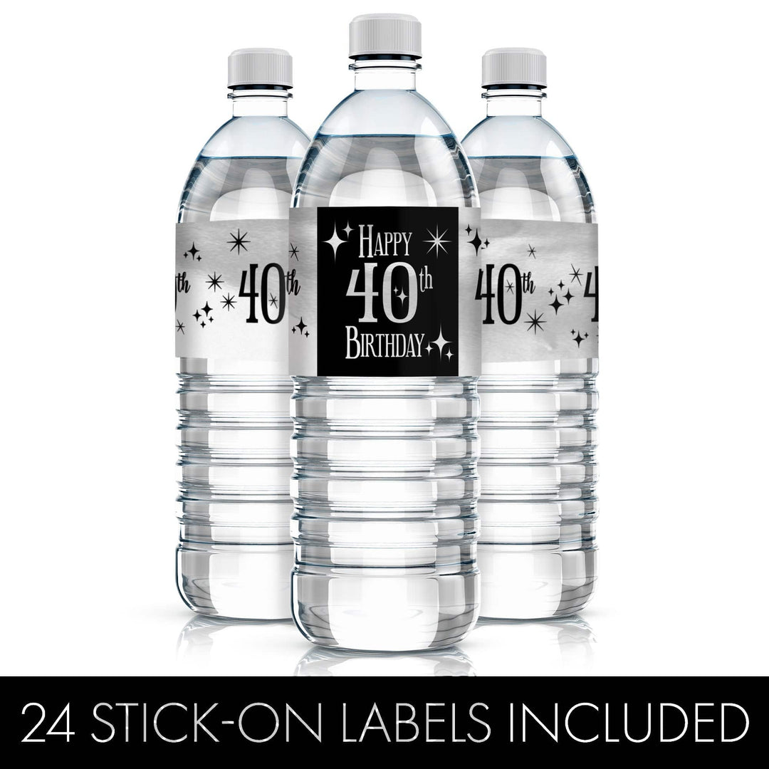 40th Birthday: Black and Silver - Adult Birthday - Water Bottle Label Stickers - 24 Waterproof Stickers - Distinctivs Party