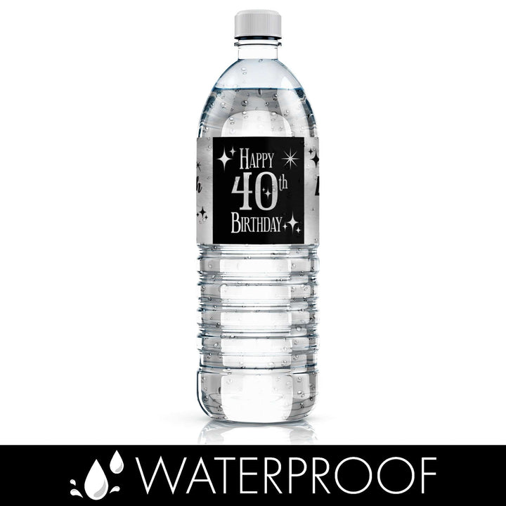 40th Birthday: Black and Silver - Adult Birthday - Water Bottle Label Stickers - 24 Waterproof Stickers - Distinctivs Party