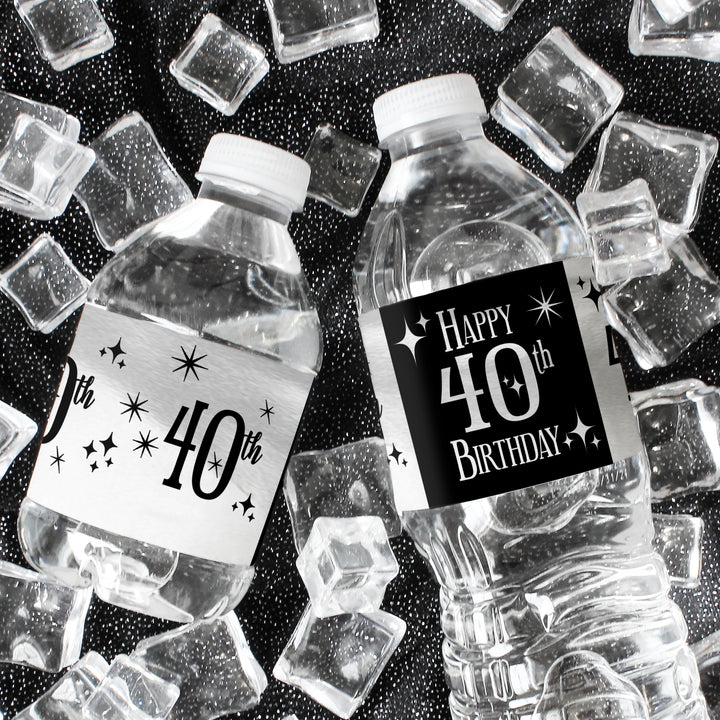 40th Birthday: Black and Silver - Adult Birthday - Water Bottle Label Stickers - 24 Waterproof Stickers